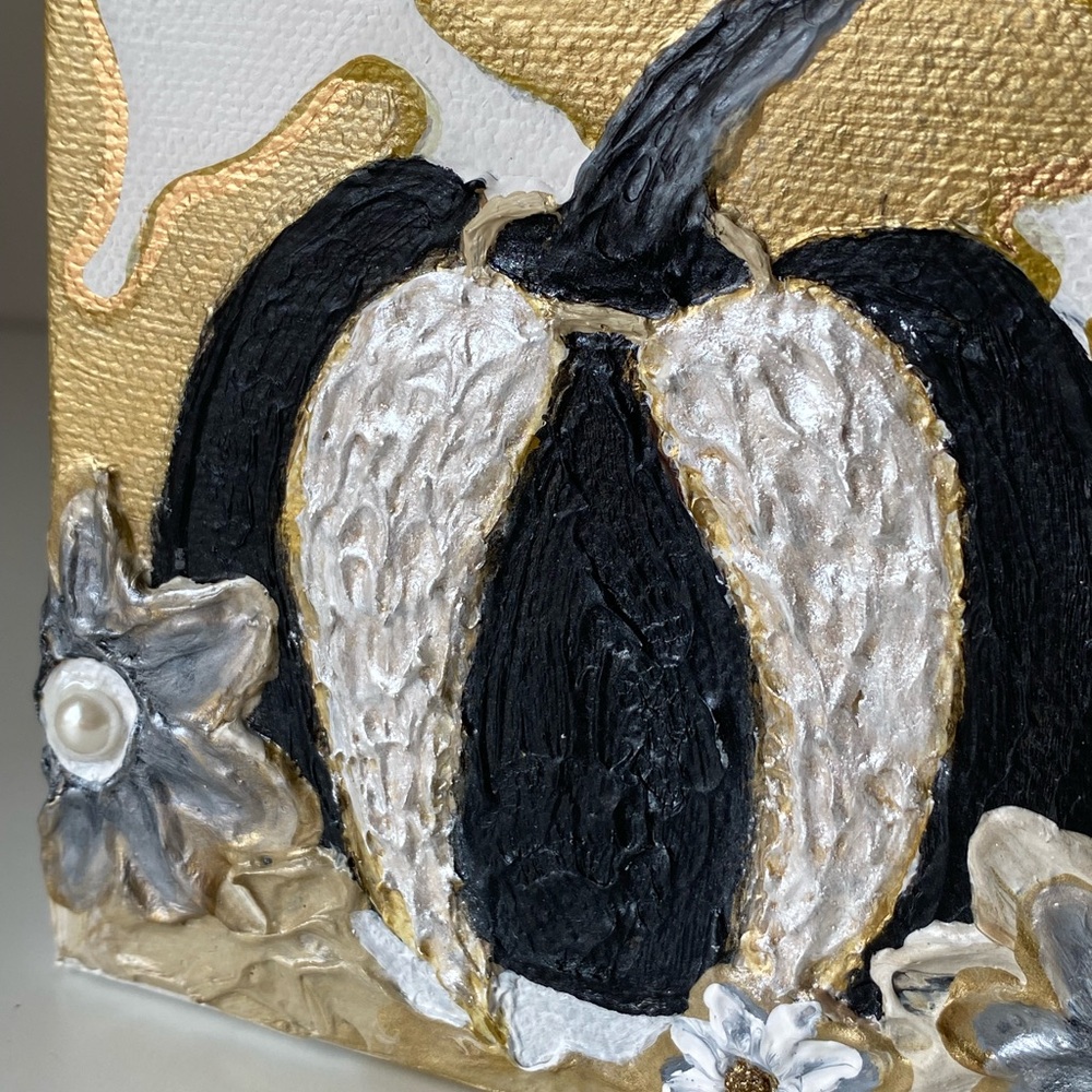 5x5 Angel Wings on a Black Pumpkin gold & silver flowers with pearls Canvas Art